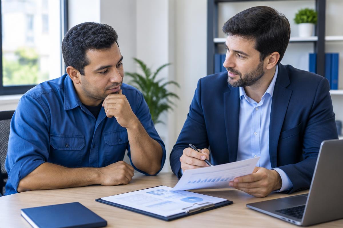 Trabalhador conversando com um consultor financeiro